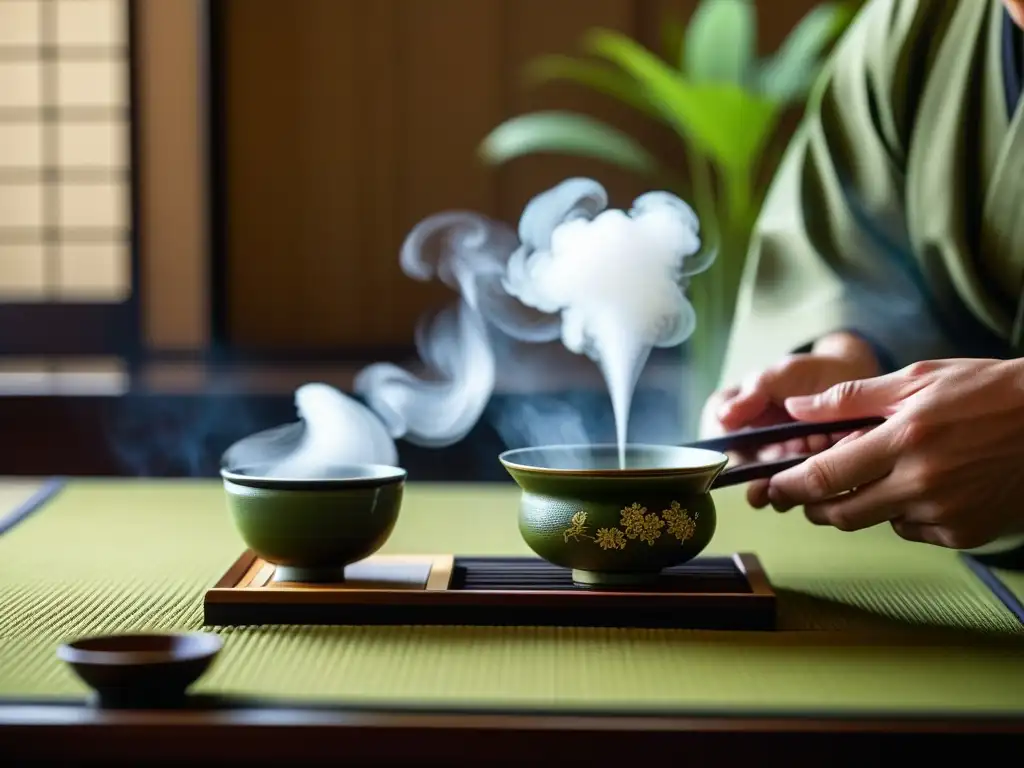 Una ceremonia del té japonés, con detalles intrincados y vapor de té verde, reflejando la importancia del té en la sociedad japonesa