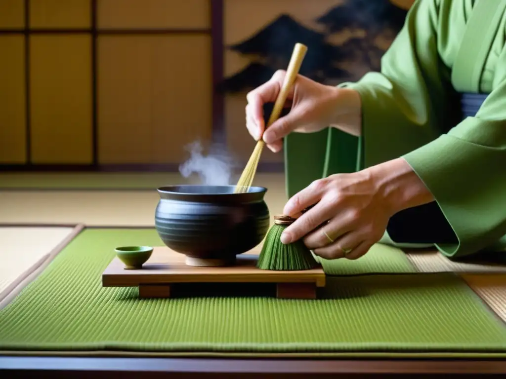 Ceremonia del té japonés en una habitación de tatami, con el maestro preparando matcha