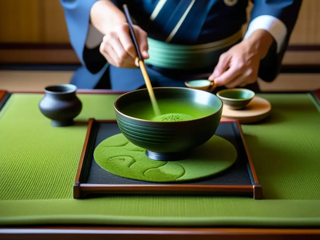 Ceremonia del té japonés: el maestro prepara matcha con precisión, creando patrones hipnotizantes