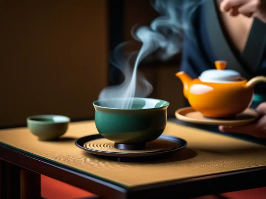 Ceremonia del té japonesa: Detalles del set de té, vapor ascendente y concentración en participantes