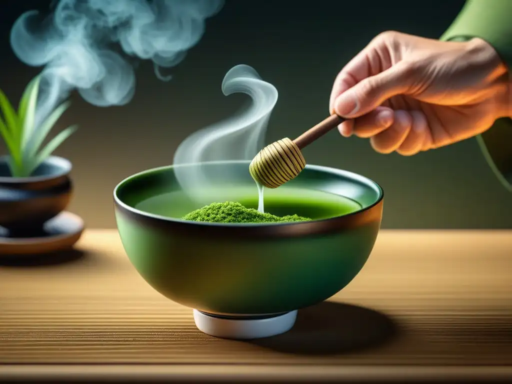 Una ceremonia japonesa de té: manos preparando matcha en un cuenco, creando una espiral de burbujas