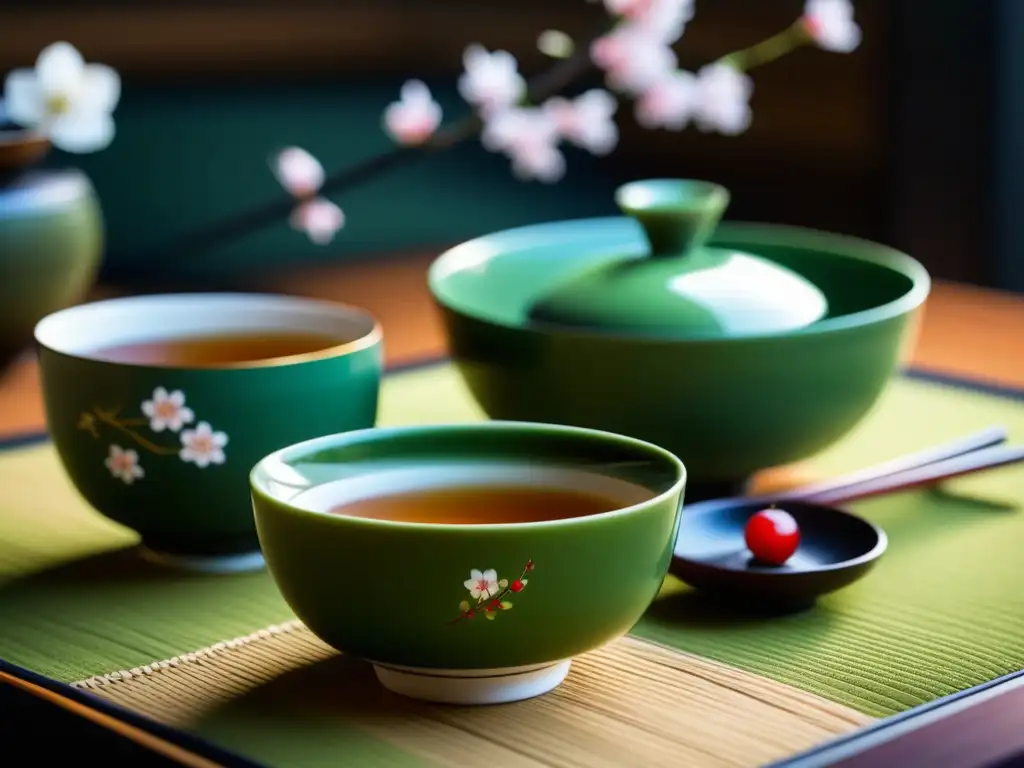 Una ceremonia del té japonesa zen: un momento de serenidad con un juego de té japonés meticulosamente elaborado, rodeado de delicias dulces