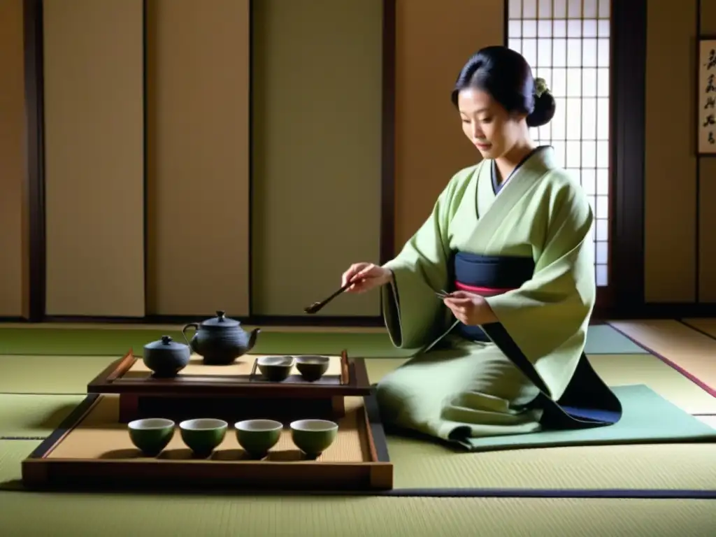 Ceremonia del té japonesa en sala tatami durante la Era Meiji