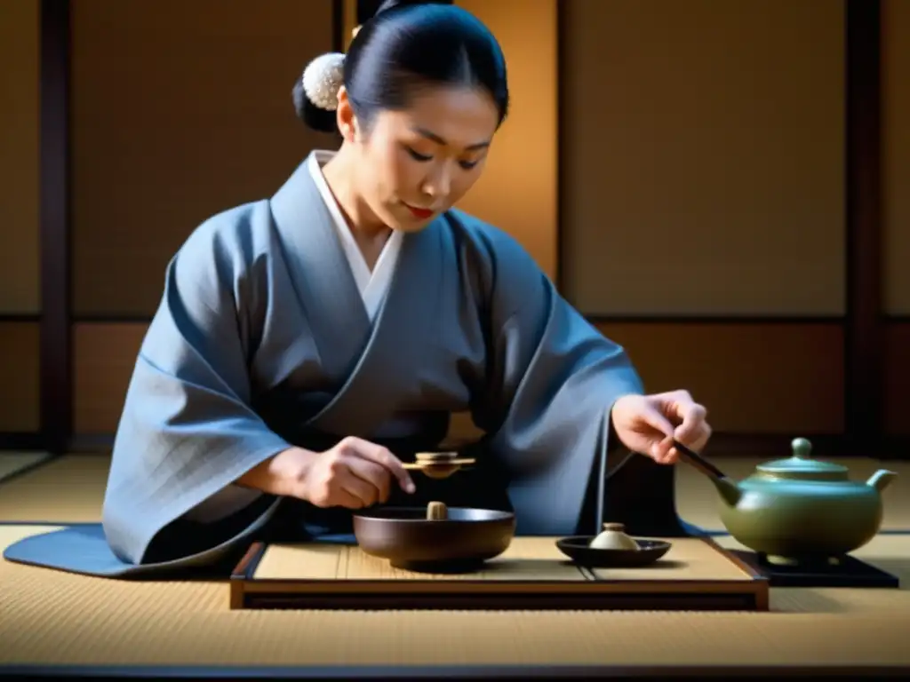 Ceremonia del té japonés: tradición y serenidad samurái Ceremonia del té japonesa con samuráis en un tatami, plasmando honor y tranquilidad, platos emblemáticos samuráis historia