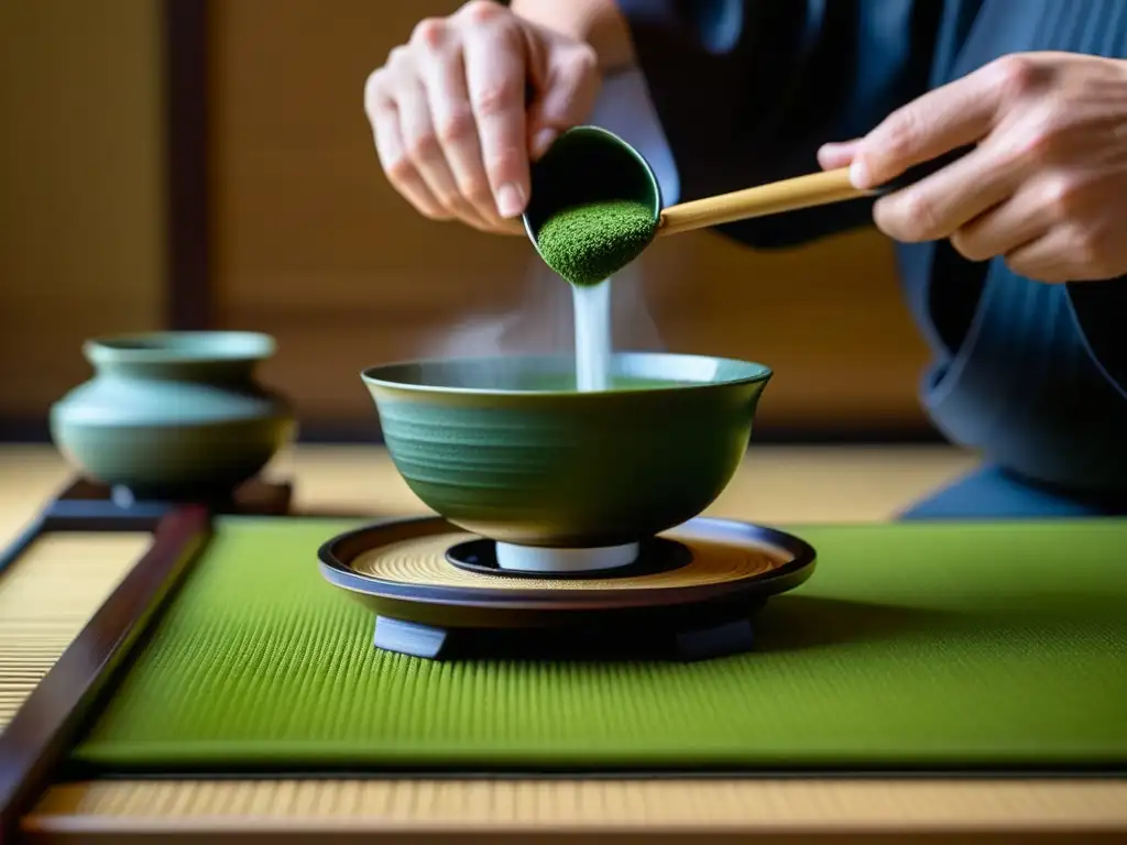 Ceremonia del Té Japonesa Zen: Detalle de una serena preparación de matcha con movimientos precisos y utensilios tradicionales