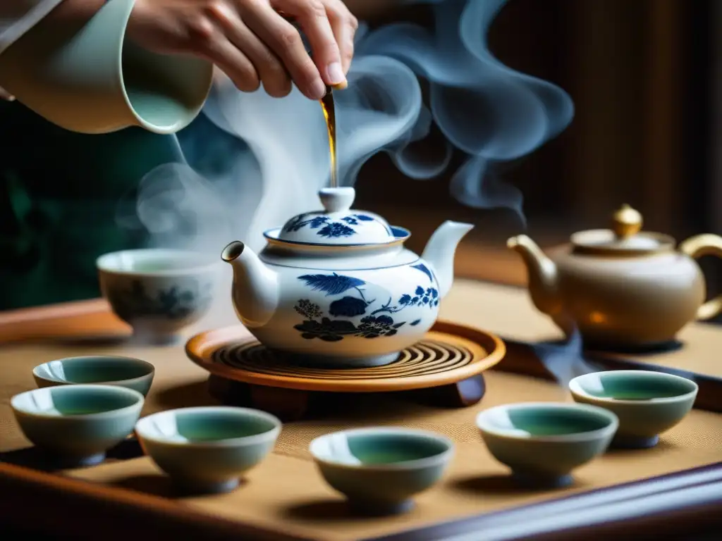 Ceremonia de té china: un maestro vierte té caliente en tazas de porcelana, reflejando la importancia histórica del consumo de té