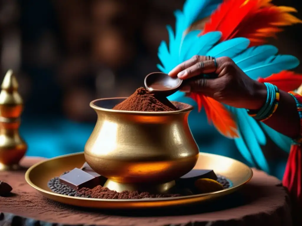 Ceremonia maya del cacao: chamán vierte chocolate en copa dorada, pluma roja y azul