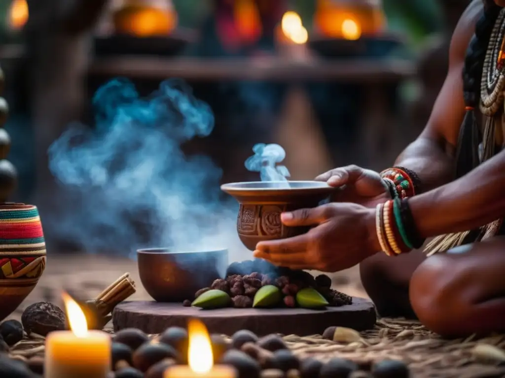 En la ceremonia prehispánica maya, el chamán eleva una taza de chocolate ritual hacia el cielo, rodeado de cacao y humo de copal