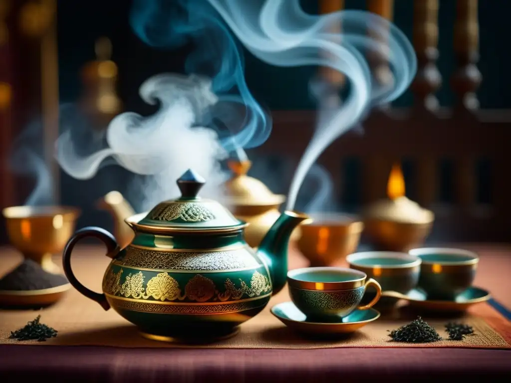 Una ceremonia de té en Oriente Medio: tazas detalladas, incienso antiguo y hojas de té desplegándose