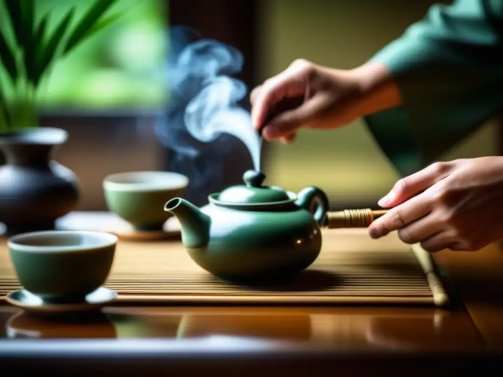 Una ceremonia de té tradicional china con detalles intrincados, teapot y tazas delicadas