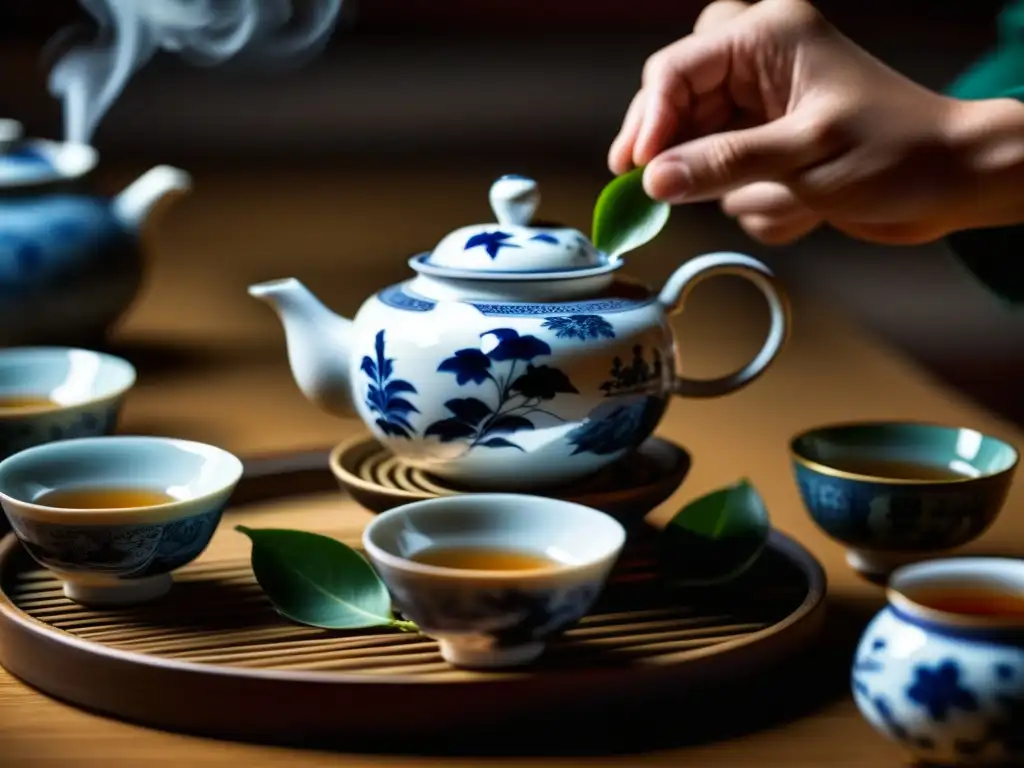 Una ceremonia de té tradicional china en progreso, con tazas de porcelana, un hervidor y hojas de té desplegándose en agua caliente