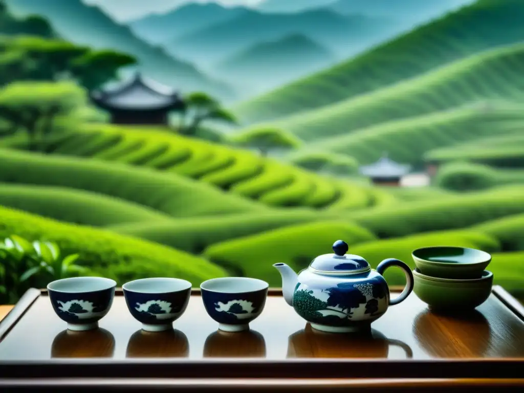 Una ceremonia de té tradicional china en una plantación verde exuberante, mostrando la historia del té en China