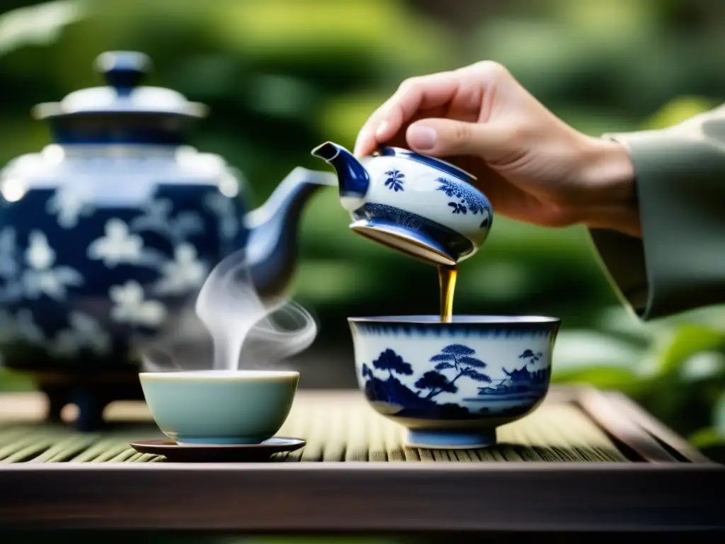 Una ceremonia de té tradicional japonesa en un jardín sereno, con detalles intrincados y una atmósfera de paz