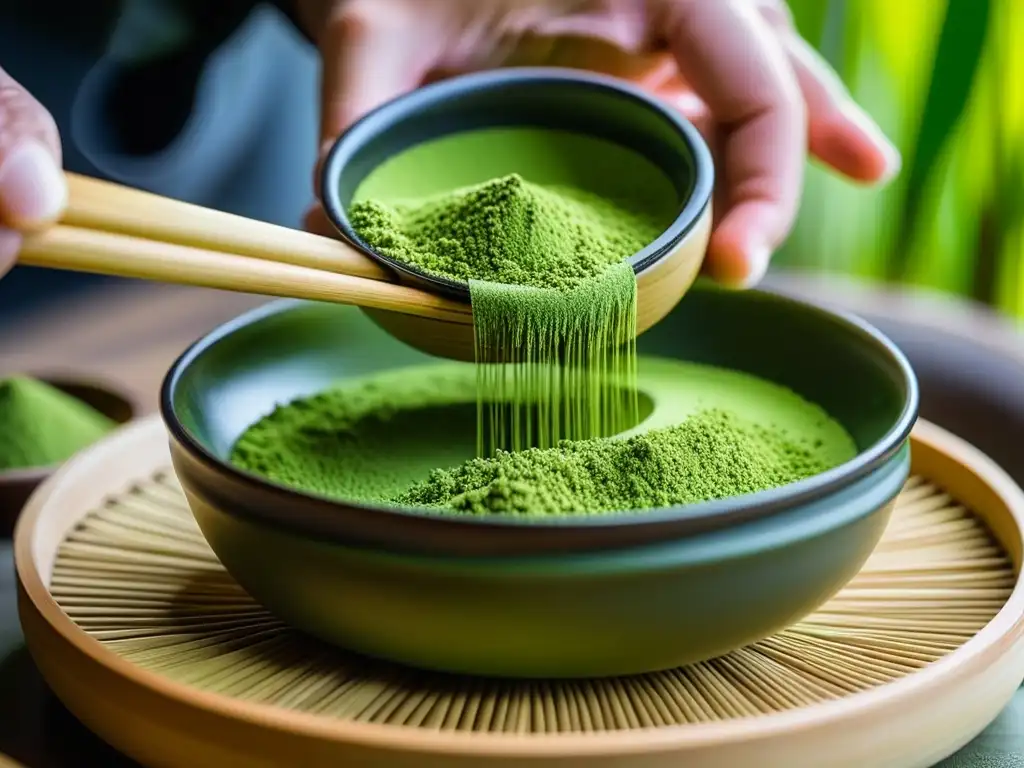 Preparación ceremonial de matcha, con detalle en polvo verde siendo tamizado en cuenco de cerámica