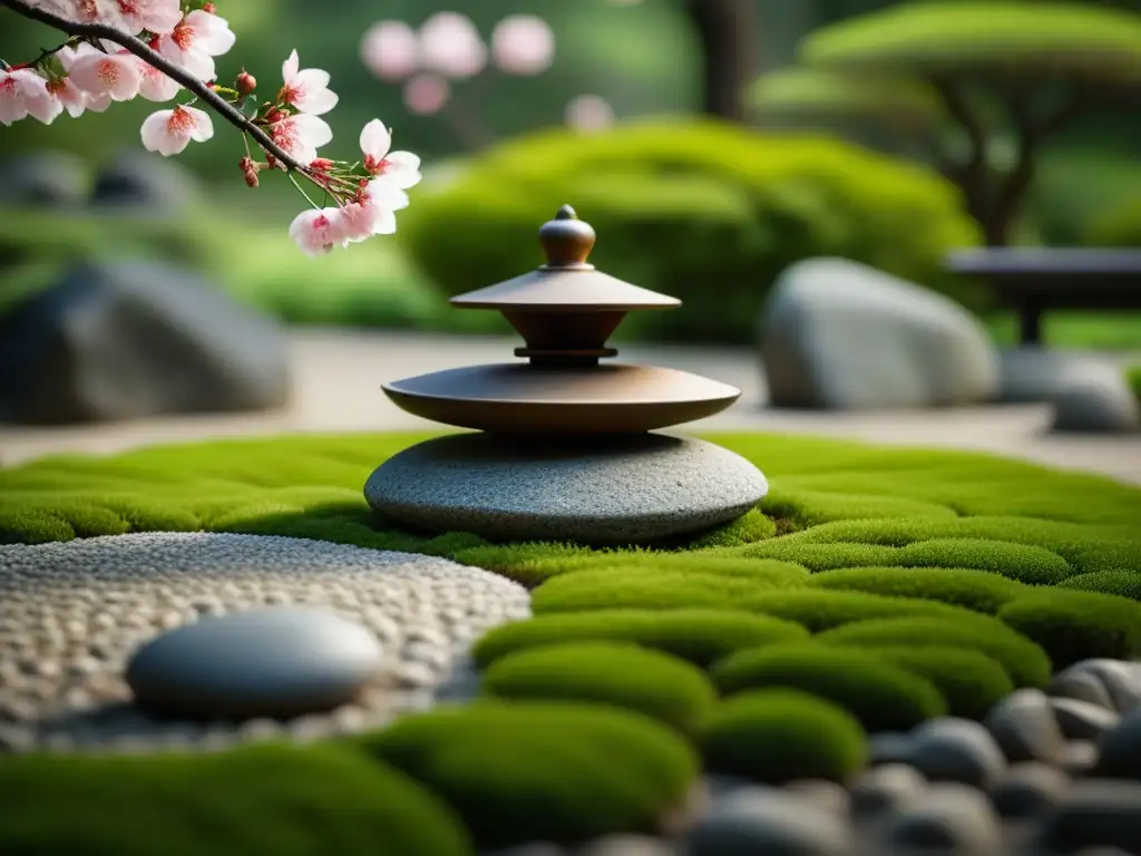 Pétalo de cerezo en linterna de jardín zen japonés, reflejando la belleza de la cocina vegetariana zen Japón