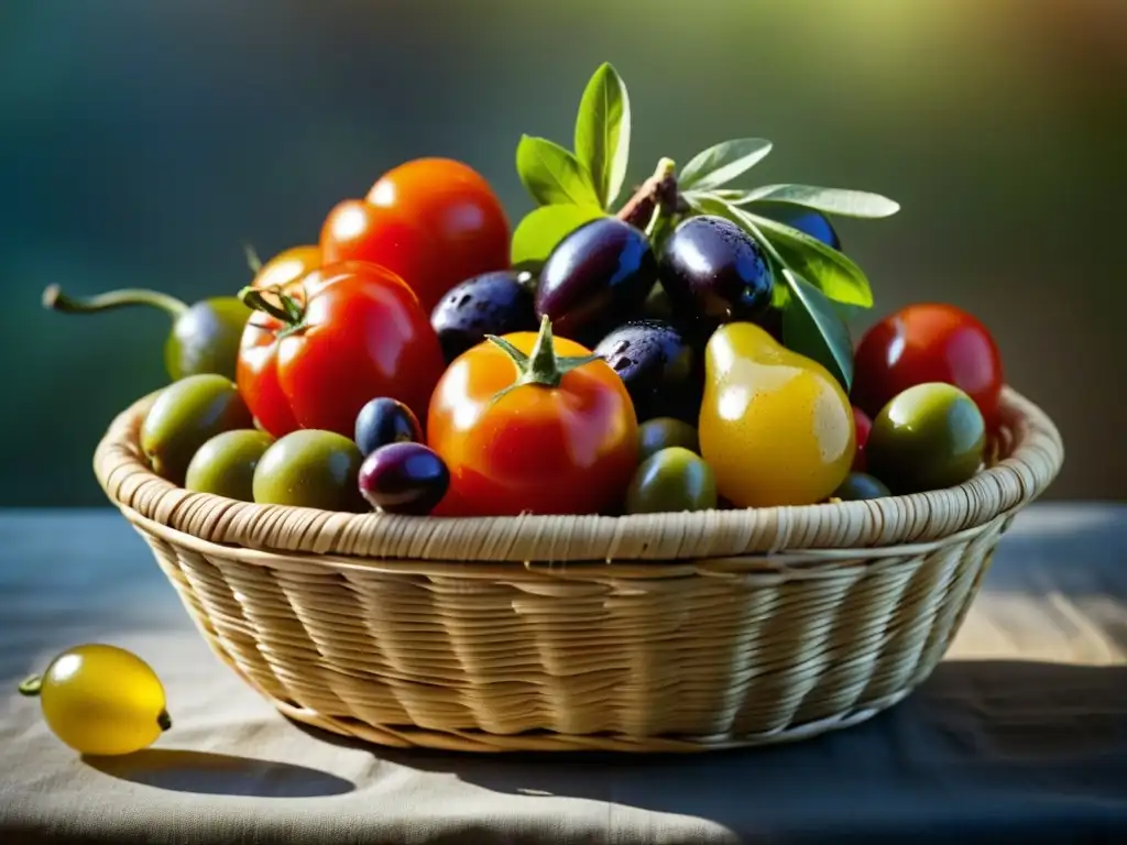 Una cesta de frutas y verduras mediterráneas coloridas y frescas con gotas de agua, reflejando la longevidad de la dieta mediterránea antigua