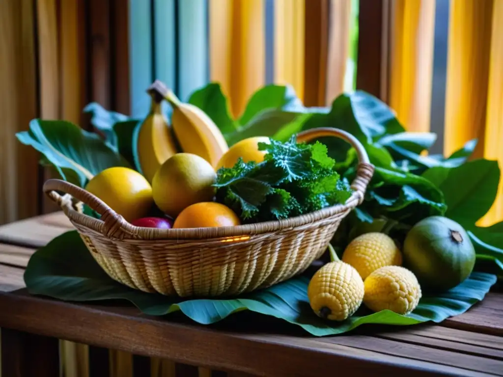 Una cesta de frutas y verduras tradicionales de Micronesia exhibe la riqueza de la dieta micronesia estacional histórica