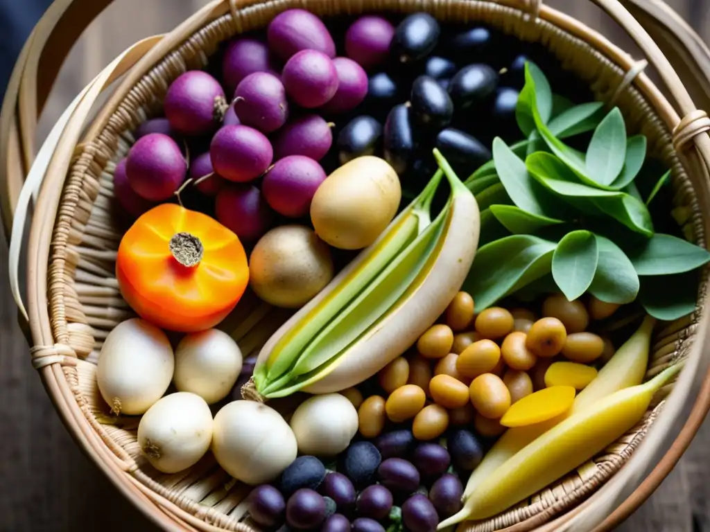 Una cesta de legumbres y tubérculos coloridos, resaltando la importancia de estos alimentos en la historia y cultura culinaria