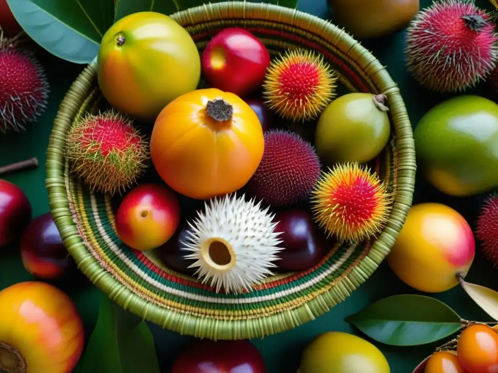 Una cesta llena de frutas exóticas del Amazonas, con colores vibrantes y texturas variadas