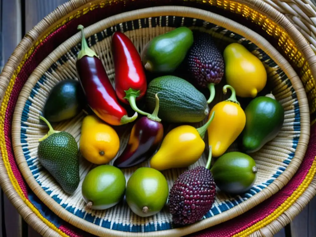 Una cesta maya tejida con chiles rojos, maíz amarillo, aguacates verdes y tunas moradas