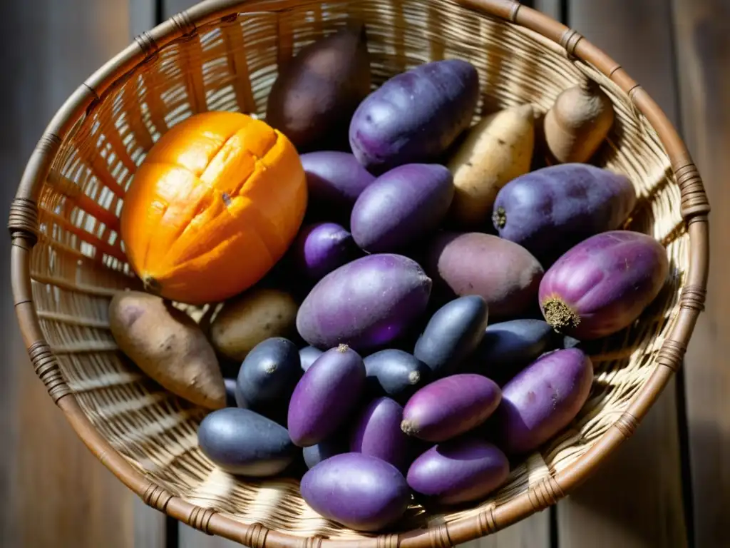 Exquisita diversidad de tubérculos antiguos en cesta tejida Una cesta rústica llena de tubérculos antiguos: papas peruanas moradas, batatas naranjas y alcachofas de Jerusalén