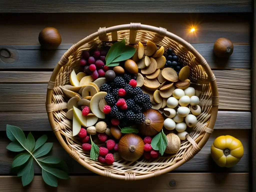 Tejido de supervivencia: cesta de alimentos silvestres en mesa rústica Cesta tejida con alimentos forrajeados: estrategias supervivencia alimentaria hambruna