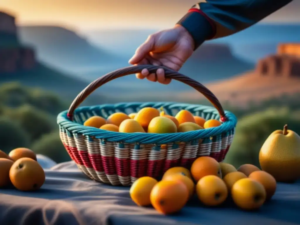 Cesta tejida con frutas secas vibrantes resaltando técnicas ancestrales de conservación alimentos Sahel