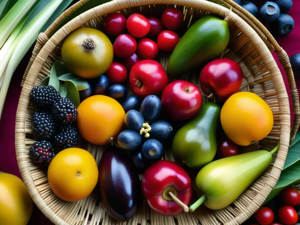 Una cesta tejida con frutas y verduras amazónicas vibrantes, resaltando la historia y cultura de la dieta amazónica