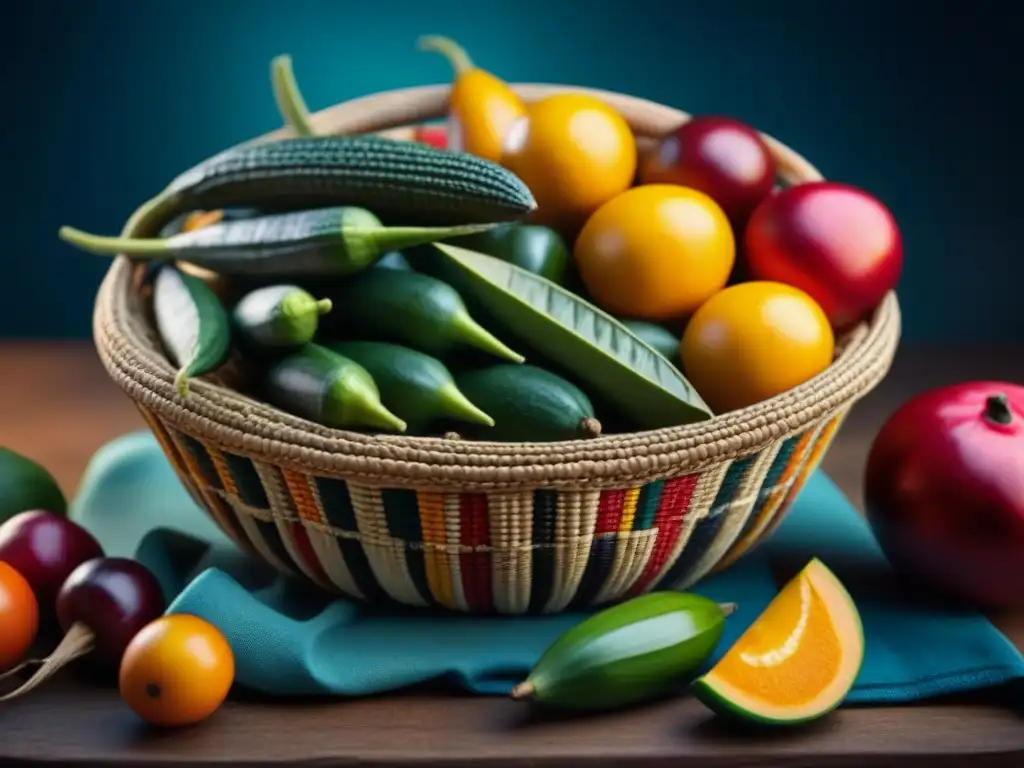 Exuberante diversidad de frutas y verduras africanas en cesta artesanal Una cesta tejida con frutas y verduras africanas muestra la diversidad y riqueza de la dieta precolonial africana historia