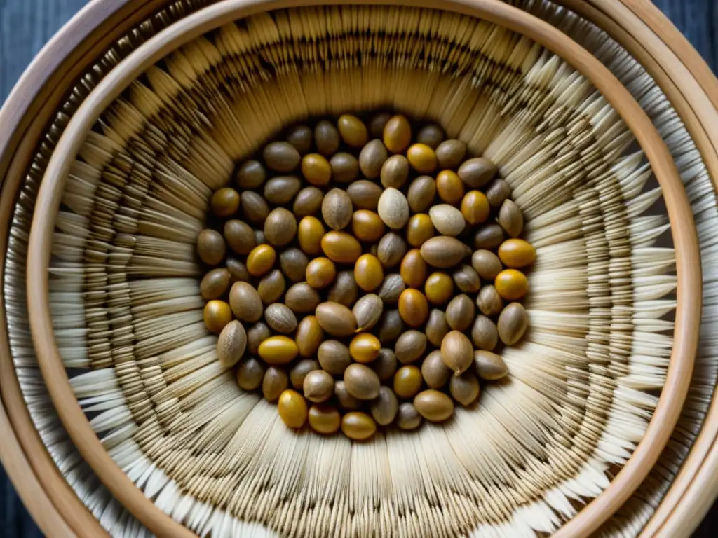 Una cesta tejida con granos y semillas nórdicas antiguas en detalle, resaltando la diversidad y belleza de la agricultura nórdica en la cocina