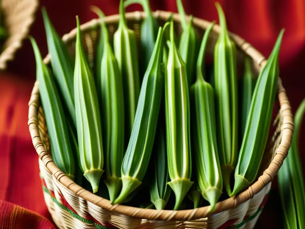 Okra fresca y vibrante en cesta africana: detalle único Una cesta tejida tradicional africana llena de vainas de okra frescas y vibrantes, destacando sus texturas y colores