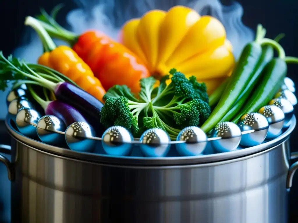 Una cesta de vapor de acero inoxidable llena de verduras coloridas, con gotas de condensación y vapor, en una cocina a vapor historia culinaria