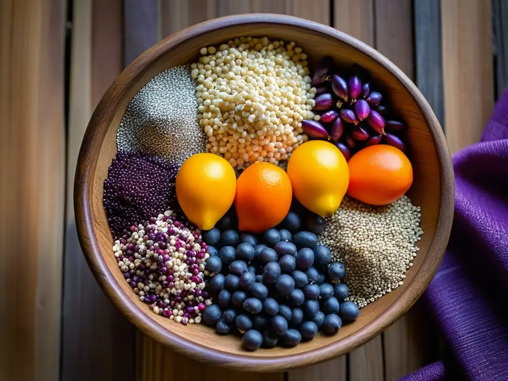 Una cesta de vibrantes superalimentos andinos en una mesa de madera iluminada naturalmente, simbolizando la nutrición de la Dieta Inca