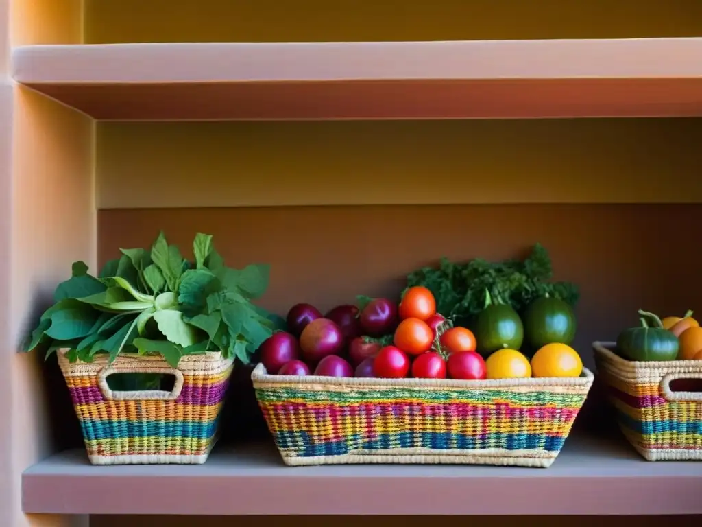 Cestas tejidas con frutas y verduras frescas en una bodega, mostrando técnicas de almacenamiento sostenible históricas