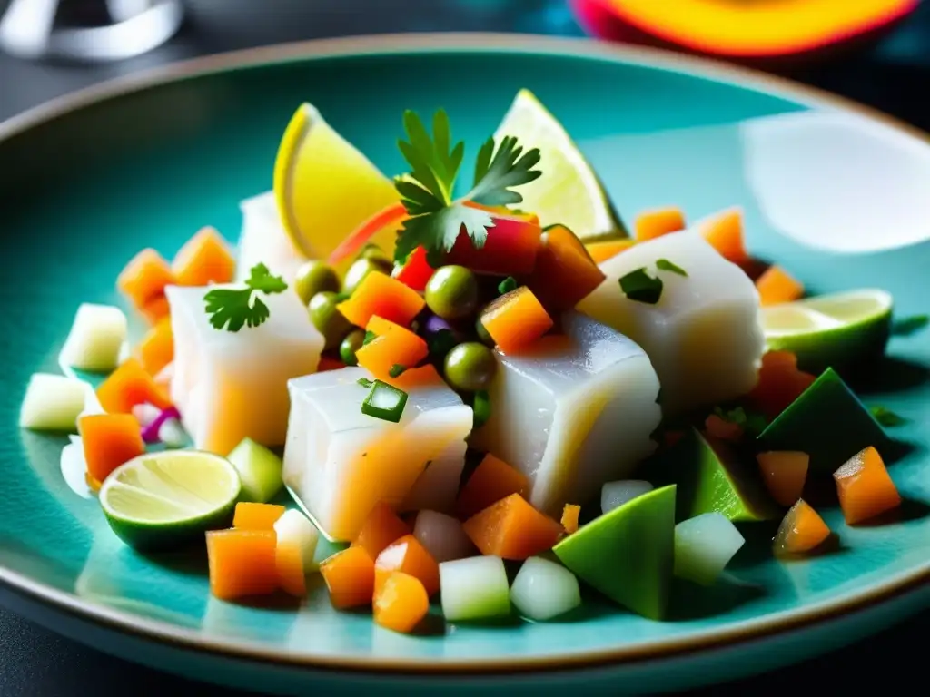 Un ceviche peruano de lujo, con mariscos frescos y vegetales coloridos, en plato cerámico elegante