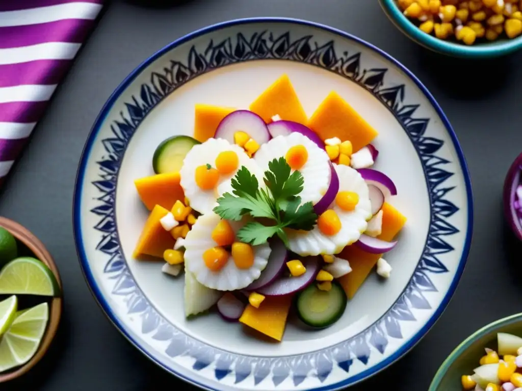 Un ceviche peruano de lujo en Lima, con pescado fresco, limón, cebolla roja y ají, decorado con maíz y camote, en mercado andino