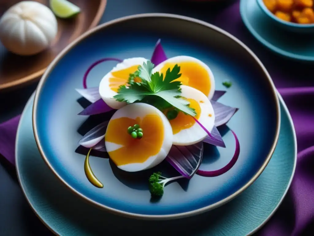 Exquisito ceviche peruano en plato okinawense: fusión culinaria vibrante Un ceviche peruano en plato okinawense fusiona sabores: influencia gastronomía peruana inmigración okinawense