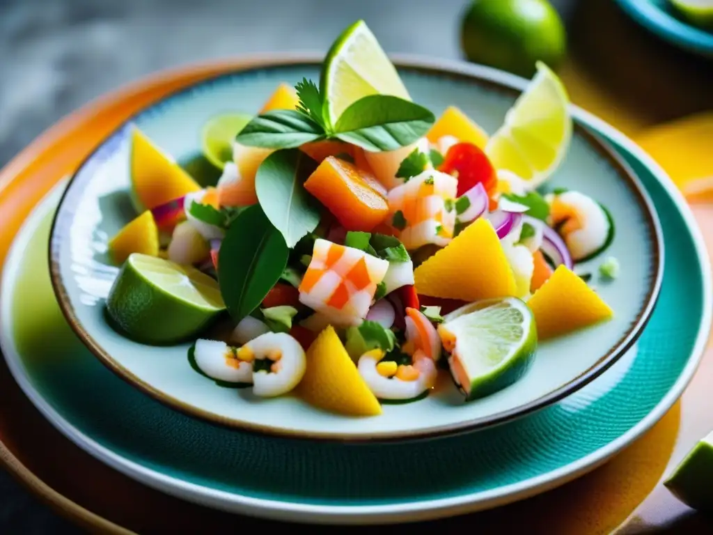 Un ceviche tradicional peruano, detallado y vibrante, fusionando sabores y culturas en una receta histórica