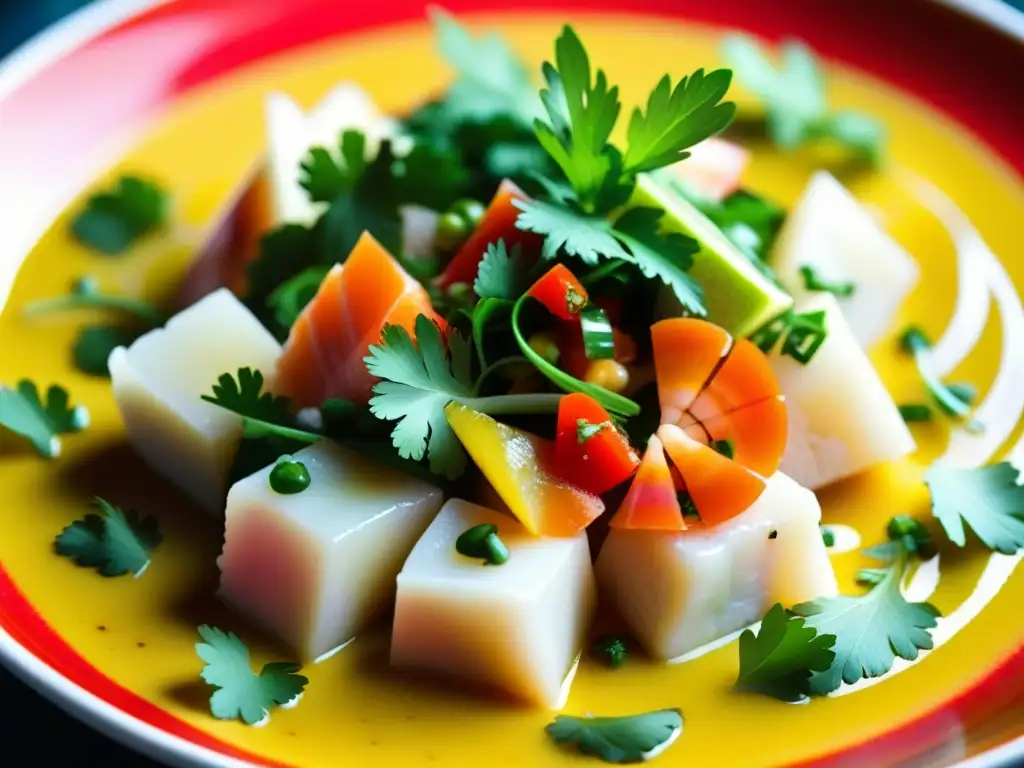 Un ceviche vibrante con mariscos frescos, vegetales coloridos y leche de tigre, representa el encuentro de sabores en Perú