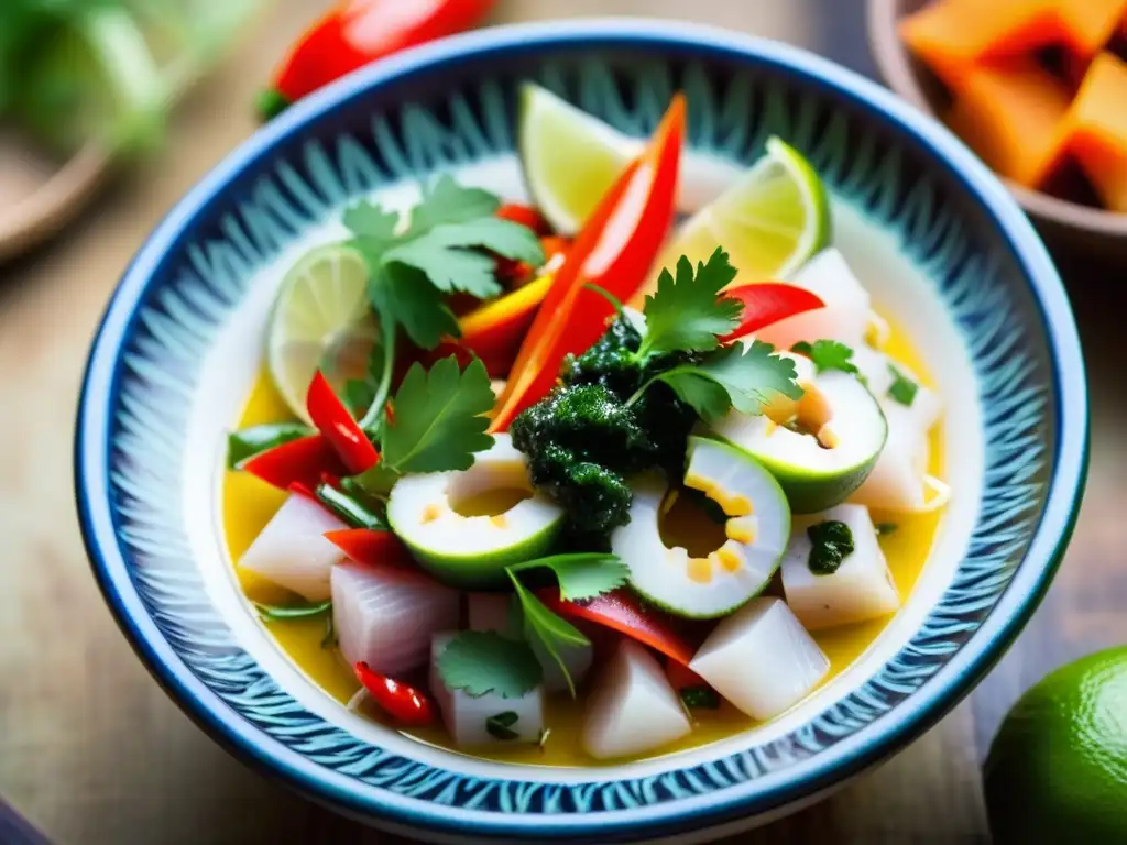 Un ceviche vibrante en un tazón peruano: pescado fresco, limón, ají y umami