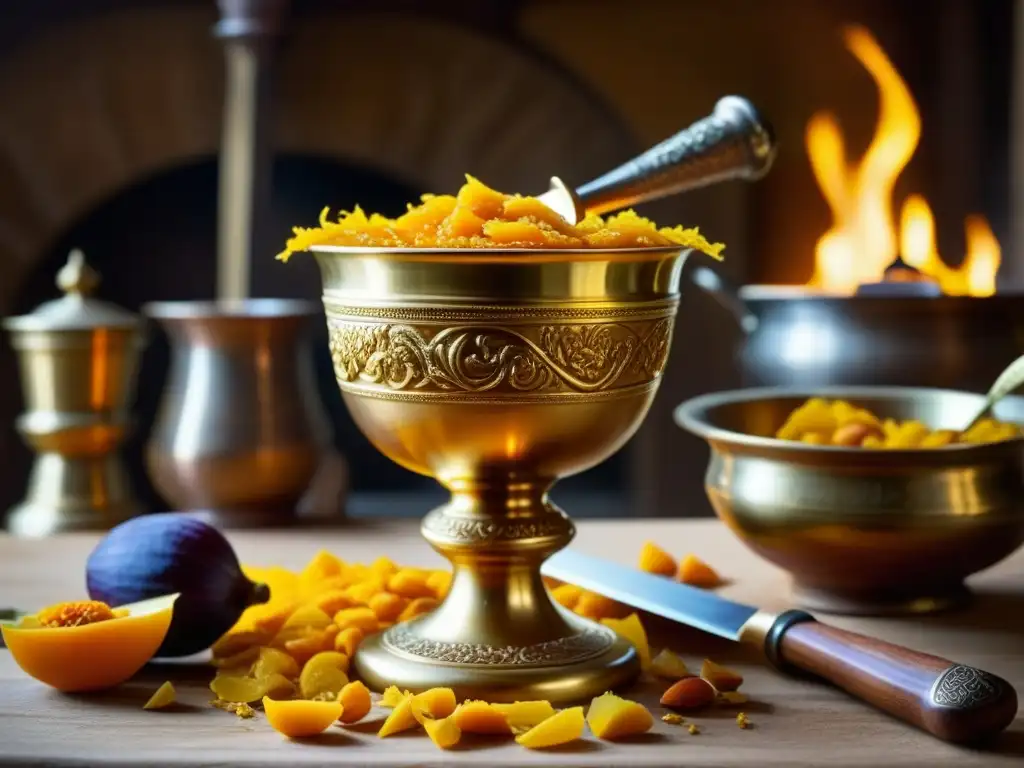 Un chalice dorado rebosante de ingredientes históricos en una cocina medieval española, chefs preparando recetas históricas época oro española