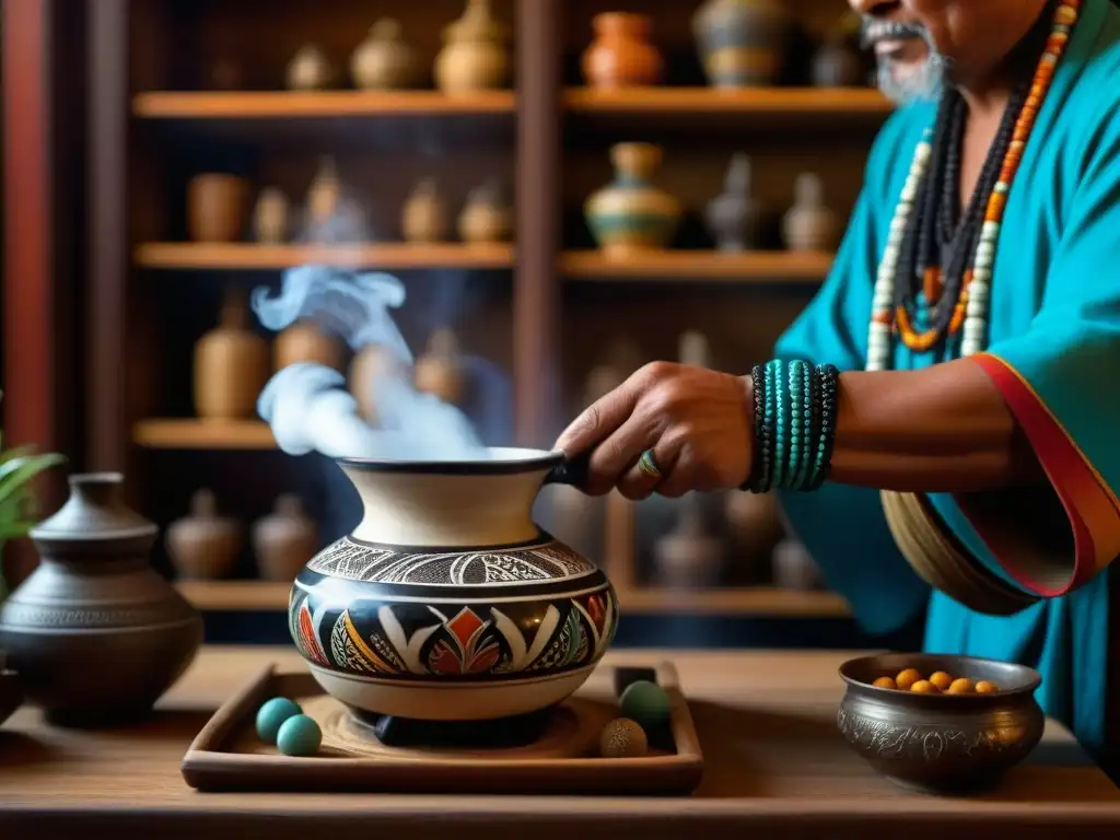 Chamán ancestral preparando elixir curativo en escena mística Un chamán vierte una poción humeante en una taza, rodeado de hierbas ancestrales en un entorno místico