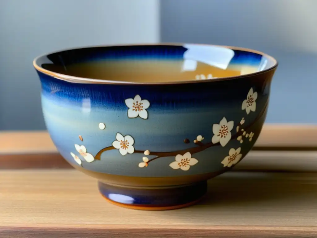 Una chawan japonés de cerámica: tradición y minimalismo combinados en un bol decorado con motivos de cerezos y patrones azules