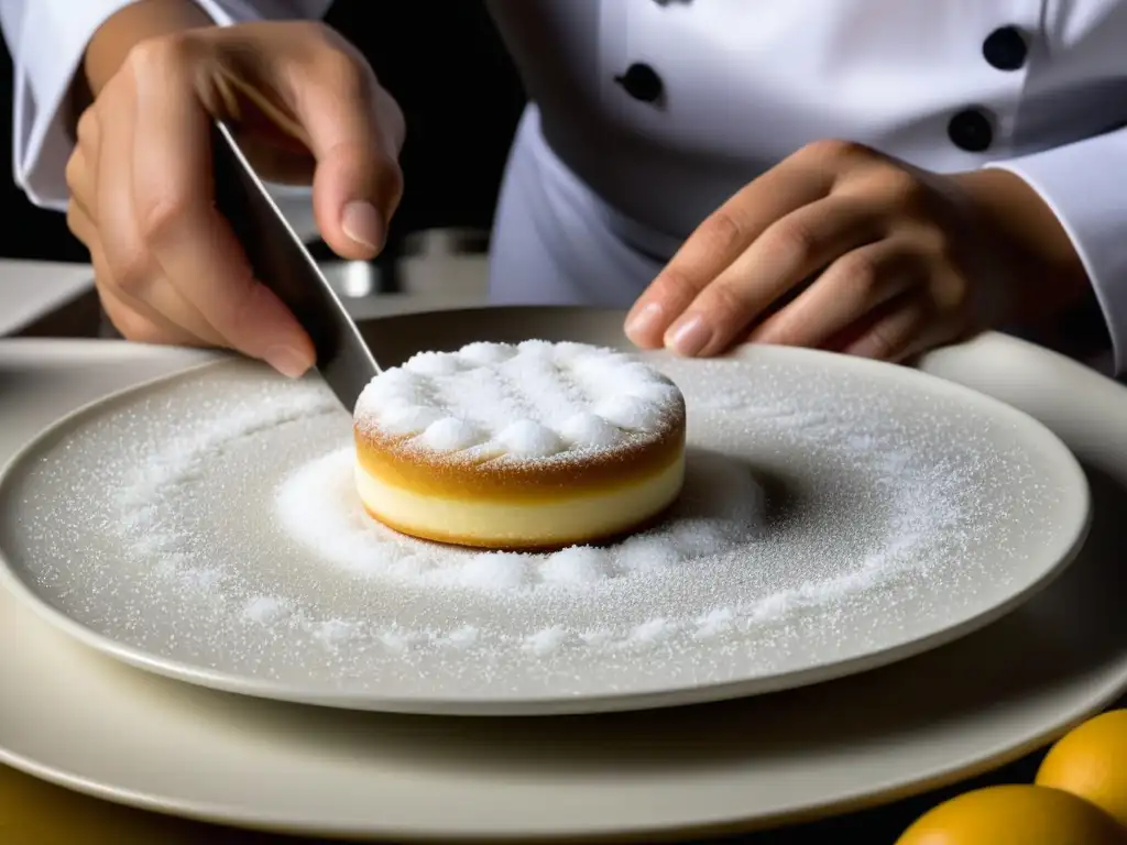 Un chef de academia culinaria francesa crea decoraciones de azúcar con precisión, rodeado de un bullicioso ambiente educativo