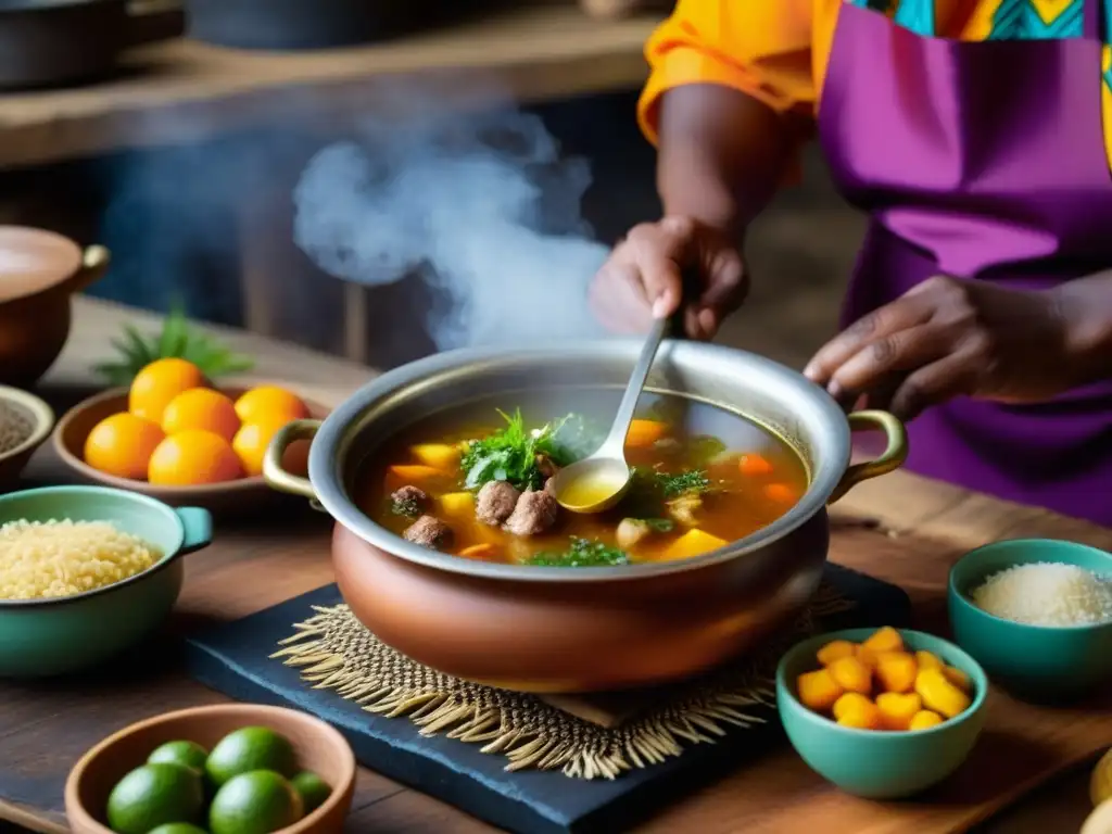 Un chef africano preparando asopao caribeño sobre fuego de leña; una escena culinaria llena de historia y tradición