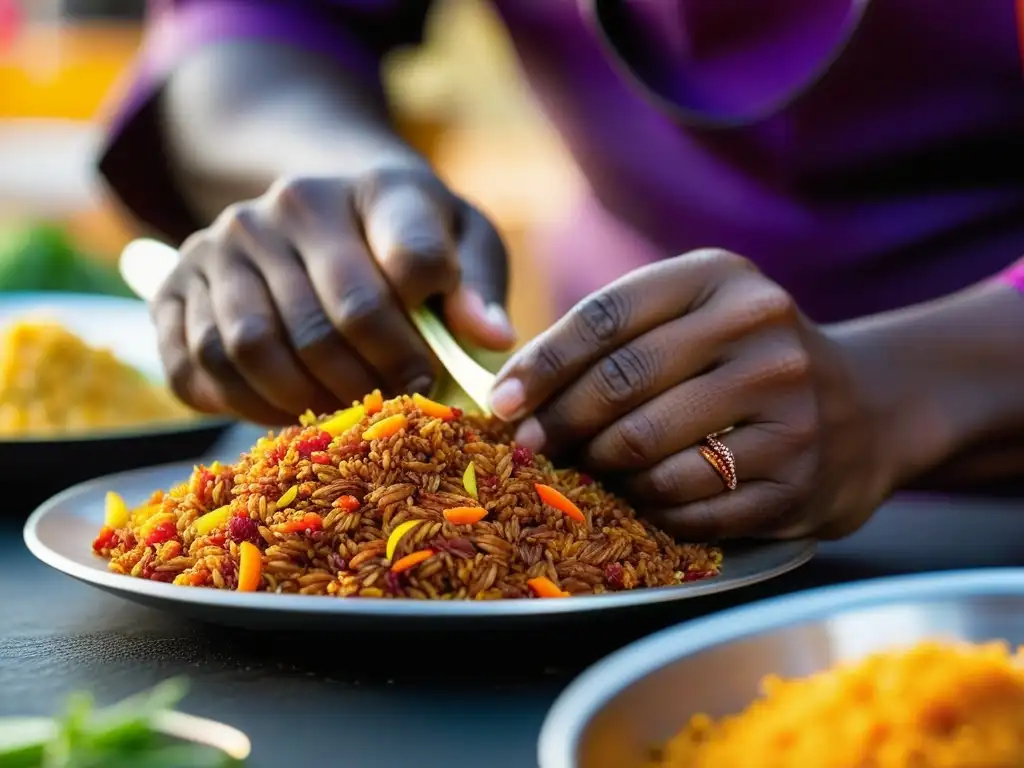 Un chef africano experto moldea arroz Jollof vibrante en un mercado con henna