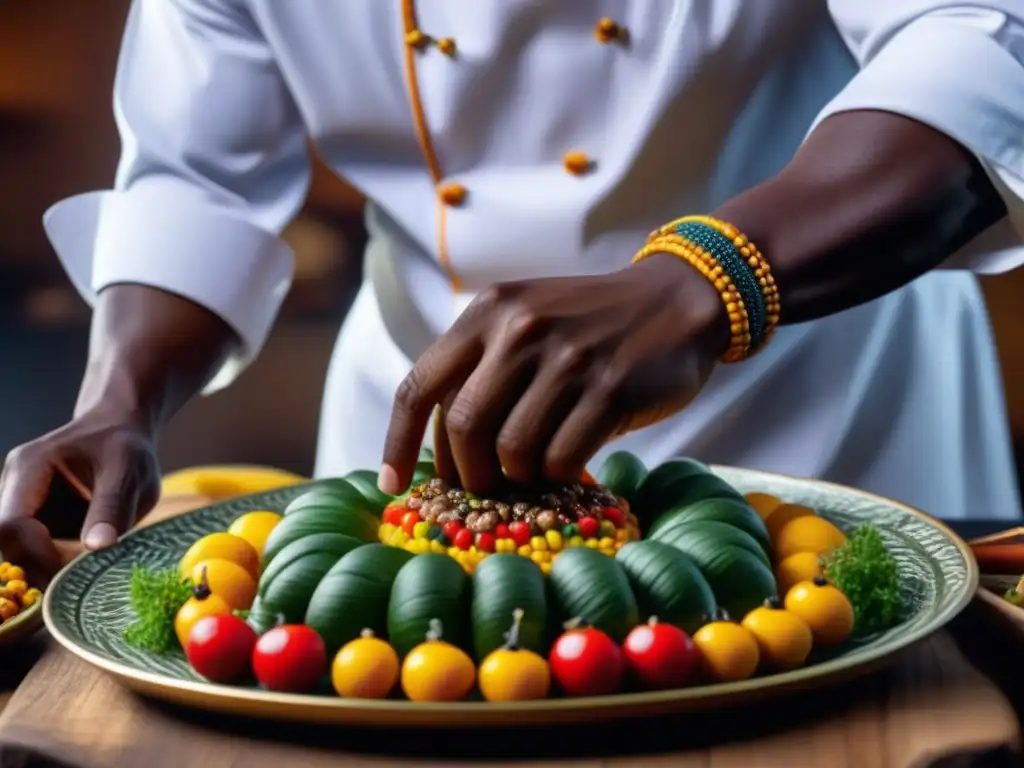 Un chef africano experto en arte de servir en cocina africana dispone con maestría platos coloridos en una bandeja tejida tradicional