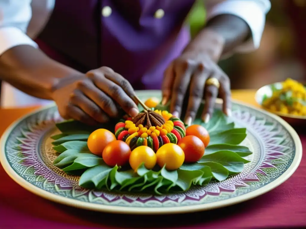 Un chef africano experto en el arte de servir en cocina africana coloca adornos vegetales en plato tradicional