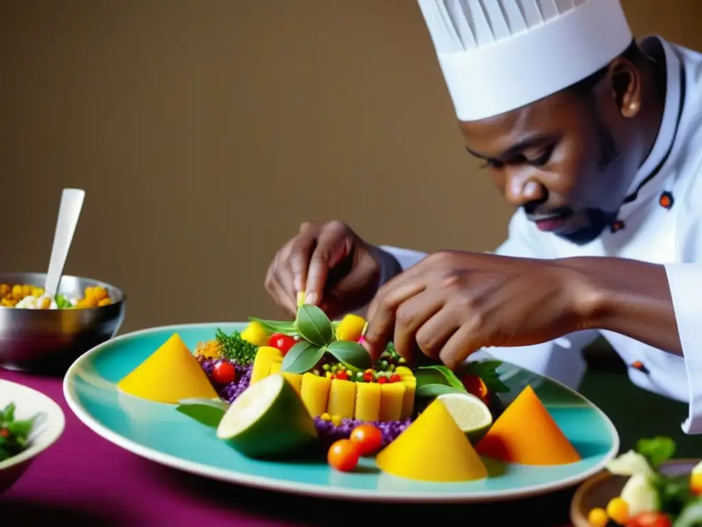 Un chef africano experto en arte de servir en cocina africana añade delicadas guarniciones coloridas a un plato tradicional