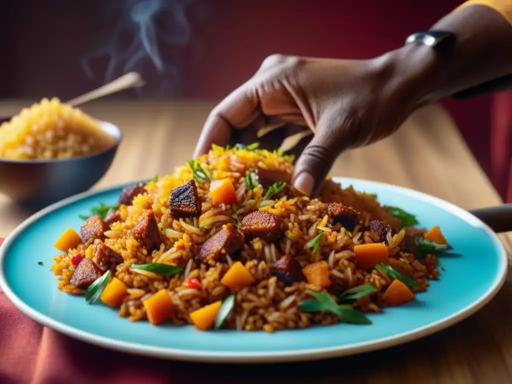 Un chef africano experto prepara con destreza un plato colorido de arroz Jollof, resaltando la cocina africana moderna en eventos festivales